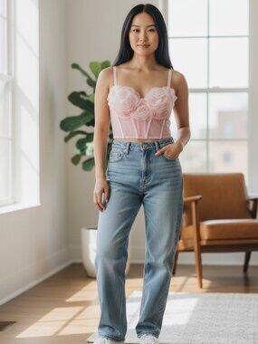 Sheer Pink Floral Bustier Bra Top - Feminine Lace Appliqué